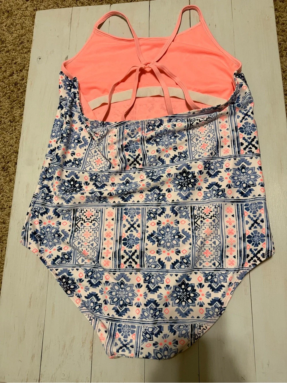 Justice Girls One-Piece Swimsuit in Navy Blue and Pink Tile Print